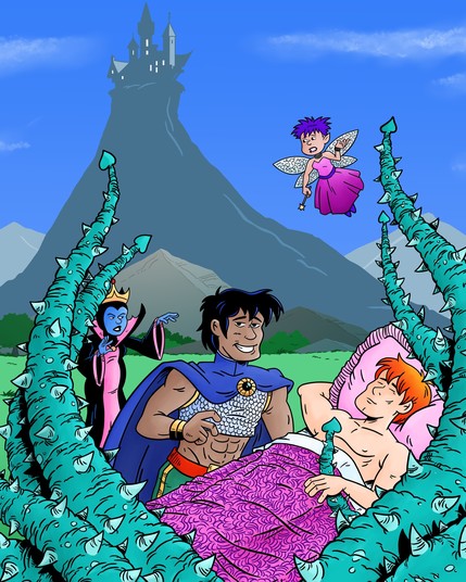In the foreground on both sides of the image are giant vines with thorns. Just behind the vines a red haired man is sleeping in a bed, he is holding one of the vines in his left hand. The bed has pink pillows and pink sheets. Standing behind the bed is a man with black hair, he is wearing a blue cape with a gold pin He has a half vest  of chain mail, a red belt and green pants with a gold stripe. Standing behind him, some distance away and to his right is a blue skinned woman in a pink and black high collard gown, she has a gold crown on her head. In the sky above their heads is a purple haired fairy wearing a pink dress and Carr a wand in her right hand. Behind everyone are hills and mountains, a many towered castle can be seen on the highest mountain.