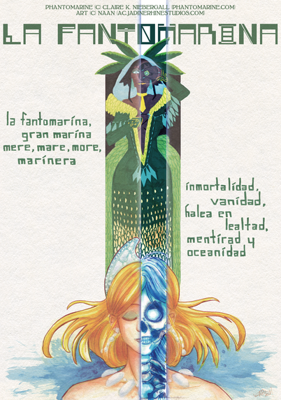 Characters Halea and Phaedra from the comic "Phantomarine", in an illustration imitating early 20th century theater posters. There's a poem accompanying the image.

The Dadaist-style poem reads in Spanish:
 "la fantomarina,
 gran marina, 
mere, mare, more, 
marinera, 
inmortalidad, 
vanidad, 
halea 
en lealtad, 
mentirad y 
oceanidad." 

The translation for this poem is: "Phantomarine,
great marine,
meer, mear, meor,
mariner,

Immortality,
Vanity,
Halea in loyalty,
mendacity,
and oceanity."