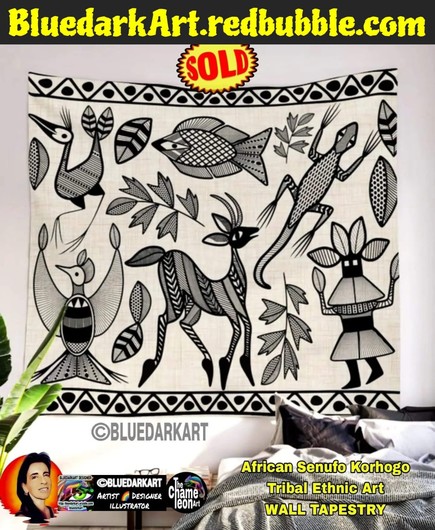 African Senufo Korhogo Tribal Art , designed by BluedarkArt TheChameleonArt ● Wall tapestry available for sale in the BluedarkArt Redbubble Shop