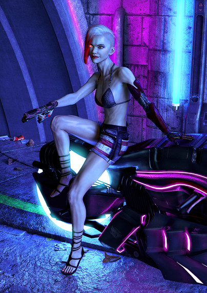 A white woman with a gun leans against a hover bike with a glowing, wheel like anti-gravity device on the back. She has a cybernetic arm and eye.