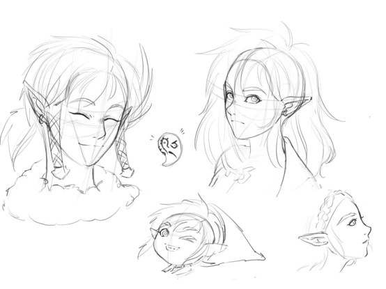 Various sketches of Link and Zelda from The Legend of Zelda : Tears of the Kingdom