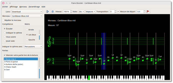 A view of its IU while playing the MIDI file "Caribbean-Blue.mid".

PianoBooster is a libre, multi-platform tool for learning the piano from a music file (MIDI or kar) and a MIDI keyboard. It reads a music file, displays its scrolling notes on screen, and provides feedback (note accuracy indicator, delay/advance, and sound feedback) on the accuracy of the player's input. It can play music without interruption at the desired speed, or on the keyboard stroke, select a particular sample and repeat it, play with 1 (the tool will play the other) or 2 hands, transpose +/- 12 semitones without stopping playback.