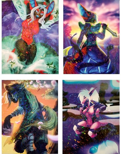 4 holographic sparkly prints that shine in the light. Top left is a winged canine anthro laying in a river with leaves around them. Top right is a character dressed as a rogue from an anthro MMO called Earth Eternal holding a sword, are, and wielding shadow magic. Bottom left is a golden zebra in a loose outfit holding a book with a tree on the right and a yellow orange sunset behind. Bottom right  shows a cybernetic pink shark lady in a cyberpunk looking bar with a drink on the table an she is adjusting her leather-Iike jacket. Her hair and tail are holographic projects of blue light.