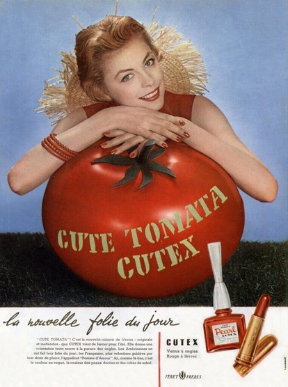 Advertising for nail polish and lipstick Cutex, July 1954.