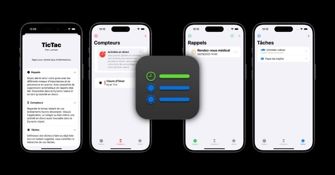 Promotional image of TicTac, showing the app icon on the center and 5 screenshots all in French behind it:
- Welcome screen, indicates the main features of the app
- Countdowns list, with a tip at the very top
- Reminders list
- Tasks list, first task having “2 other tasks” to complete