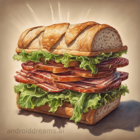 An image generated by Stable Diffusion, with the prompt "Colored pencil drawing of a BLT sandwich, steampunk, trending on artstation, god rays"
