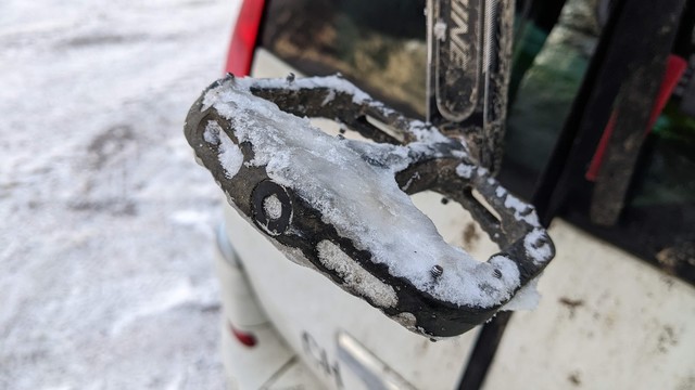 Ice-covered pedal on my fat bike.