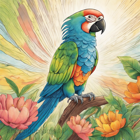 An image generated by Stable Diffusion, with the prompt "Storybook drawing of a parrot, bloom, god rays"