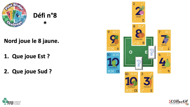 Défi n°8 du Petit Bridge Challenge 

Nord joue le 8 jaune. 
1. Que joue Est ? 
2. Que joue Sud ?