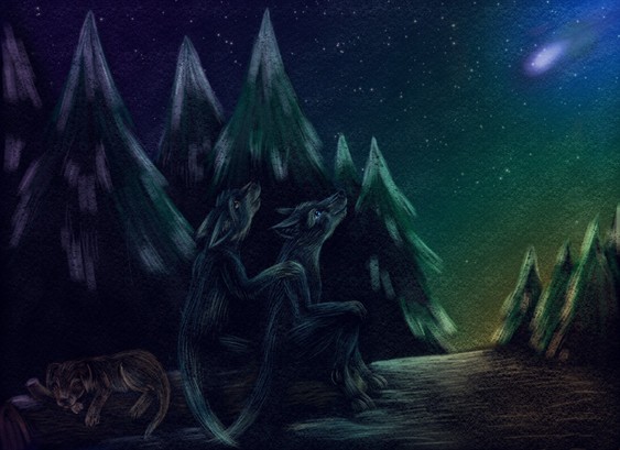 Two grey coloured anthro wolves sat on a log in a snowy forrest looking up at a falling star in a starry night sky, a brown dog is sleeping behind them