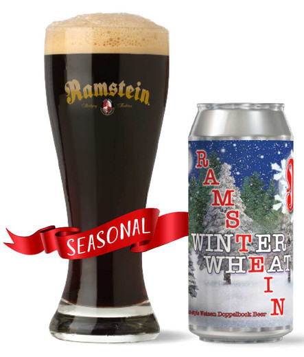 Promotional picture of a glass and can of Ramstein Winter Wheat Doppelbock from High Point Brewing of New Jersey.