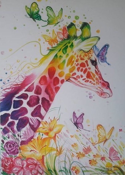 a painting of a giraffe, seen from a low perspective, it is prismatically colored, lots of different shades bleeding into each other, the viewer is looking up at it, there are butterflies flying around the giraffe's head and neck, magical sparkles