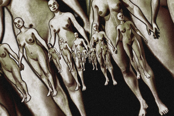 Black and white drawing from an old rendering of standing naked women, multiplied with a G'mic filter
