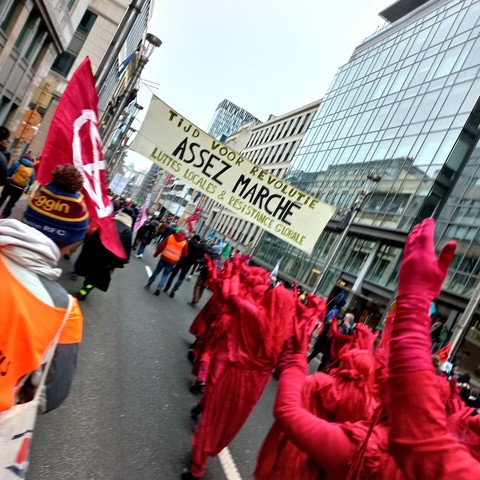A climate march with Extinction Rebellion flags and their red rebels in the foreground. Further on there's a huge banner saying "Tijd voor revolutie. Assez marche. Luttes locale & rÃ©sistance globale."