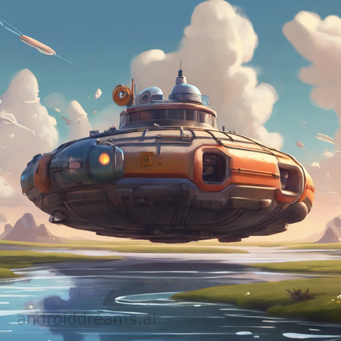An image generated by Stable Diffusion, with the prompt "Digital art of a hovercraft, decora, in the distance, in the style of Pixar, trending on artstation"
