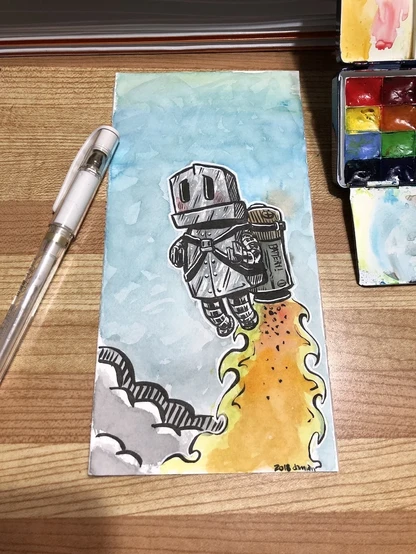 Ink and watercolour illustration of a tiny robot wearing a Jetpack and blasting off.