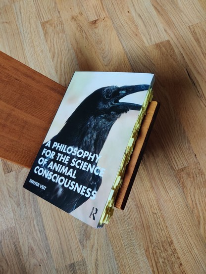 A photo of the paperback book "A Philosophy for the Science of Animal Consciousness" by Walter Veit, resting on a wooden bookstand. The cover shows a common raven. The book is heavily annotated with yellow post-it notes.