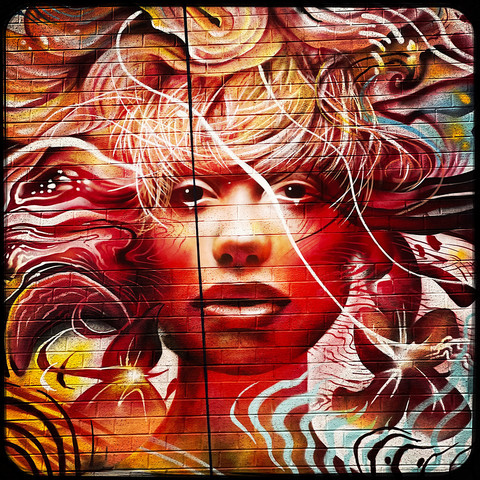 A colour Hipstamatic photo of a piece of street art depicting the face of a young woman in orange and red, whose head is surrounded by swirling petal-like patterns