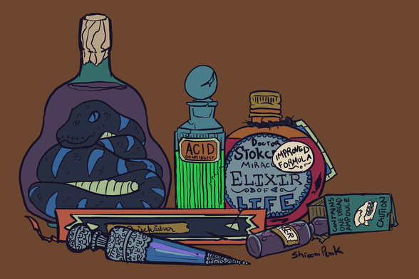Digital illustration of a collection of Victorian era bottles of various medicinal things. On the far right is a bottle of snake wine with a blue and black snake coiled up inside. To its right, a cylindrical bottle of a shocking green liquid labeled "Acid, do not ingest". Next to that is a round bottle with a tag tied around the neck, and a label that is half covered by a sticker that reads "Improved Formula". Underneath that sticker, the label would read: Doctor Stokcraft's Miraculous Elixir of LIFE". In the foreground is a pointed flask with ornate silver decoration next to a box labeled "Quicksilver" and an ampoule full of a purple liquid with a box that reads "Contains one dread ampoule, caution" and has a hyena skull on it.