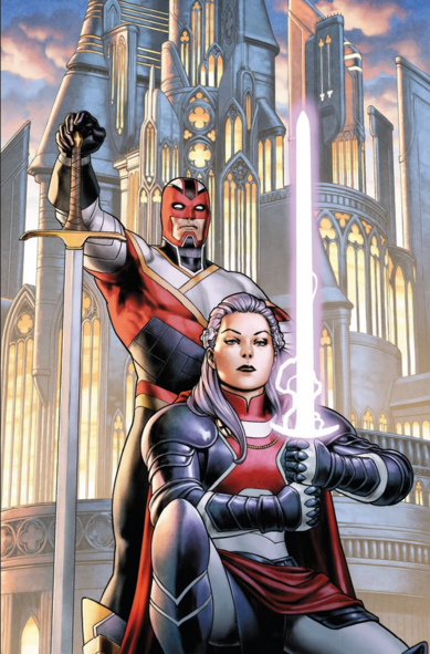 a cover of a comic book, without any test on it, Betsy Braddock in her armor and cape is in the bottom front, holding a glowing pink sword, Captain Britain is behind her, her hand resting on the handle of a sword with its point down , behind them is a large future-gothic style building