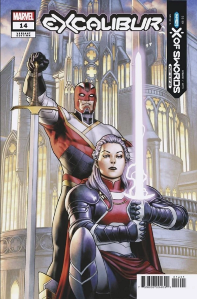 the cover of the comic book, but with text added, in the upper left corner is the marvel comics logo, and then 'excalibur' in large futuristic letters in white going across the top, then 'x of swords' coming downwards in a strip in the upper right corner