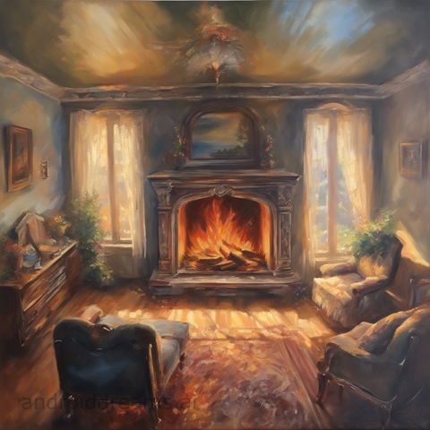 An image generated by Stable Diffusion, with the prompt "Oil painting of a fireplace, decora, god rays, aerial view"