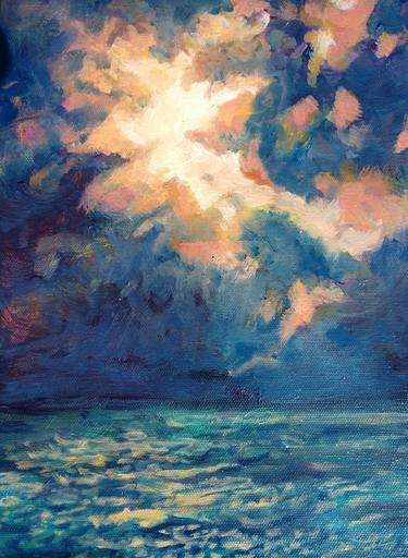 Painting of an ocean that is coloured in shades of blue and turquoise, where the upper two third of the painting is a rather dark blue sky with touches of dark purple in it and soft orange and soft pink coloured clouds.