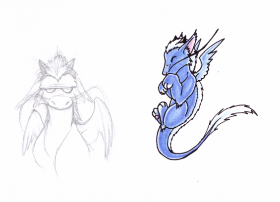 A page with two images of the same dragon, one is a loose sketch of a grumpus from the chest up, the other is a finished inked and coloured drawing of a floating dragon looking cute.
The dragon is blue with a icy-white mane running all the way from the head to tailtip, it has fluffy ears and two black horns, light blue feathered wings and two long whiskers.