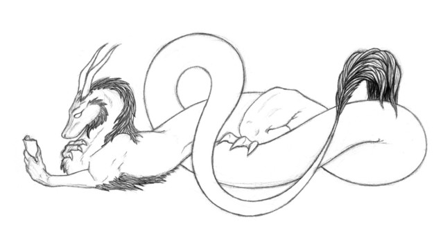 A pencil drawing of a long noodly eastern-style dragon lying down, curled up on itself in a loose figure 8, reading a book.