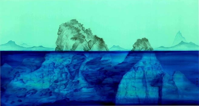 a painting of mountains half-submerged in water, everything above the water line done in a green tint, everything below done in a blue tint