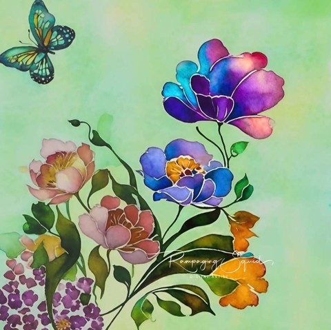 "Digital painting depicting a butterfly in flight above blue, purple, and orange peony flowers against a dappled green background, creating a colorful and serene garden scene."