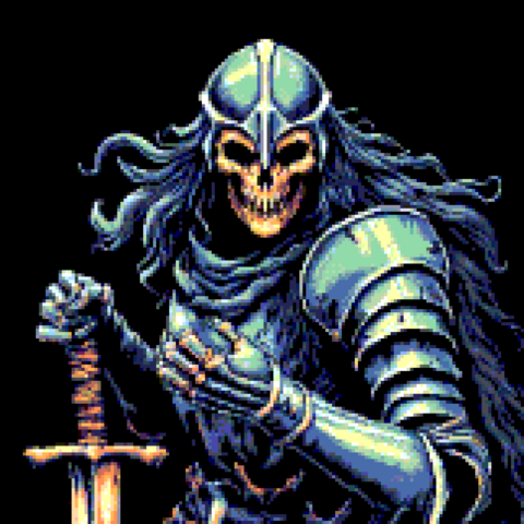 an armored skeleton with long hair,  in her right arm she is holding the handle of a worn sword.