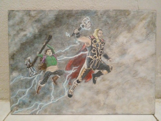 a photo of a painting of thor and gorr's daughter from the movie thor: love and thunder, the little girl is wearing normal clothing for a young girl but is swinging a giant axe, there is lighting crackling around therm, thor is in his armor, his red cape flying, he is holding his hammer, his mouth open, screaming , grey clouds behind them