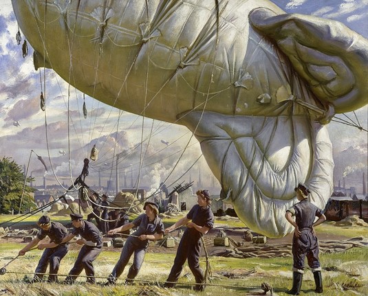 a painting of a group of people working to get a balloon blimp to lift from the ground into the air, they are holding ropes and pulling them, there are clouds in the background, it is a realistic-looking painting, the balloon is grey colored, it looks like a smaller cute version of a blimp , ropes hanging from it