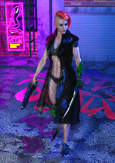 A white woman with high cheekbones walks down an alleyway. She has a below the knee blade prosthetic on the right side, and a cybernetic left hand.

She is very muscular, with green makeup and accessories, and carrot orange waves of fibre optics in the style of a side shaved haircut.

Behind her, a neon sign for a strip club stains the alleyway pink.