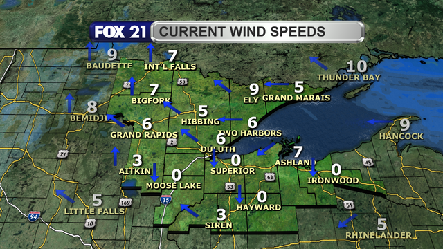 Wind speed in the Northland around 2:15 p.m. on Sunday, December 3, 2023 range from calm to 9 mph.  Wind direction is from the south and off Lake Superior.