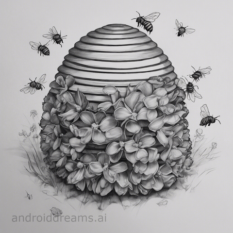 An image generated by Stable Diffusion, with the prompt "Pencil drawing of a beehive, bloom, trending on artstation"