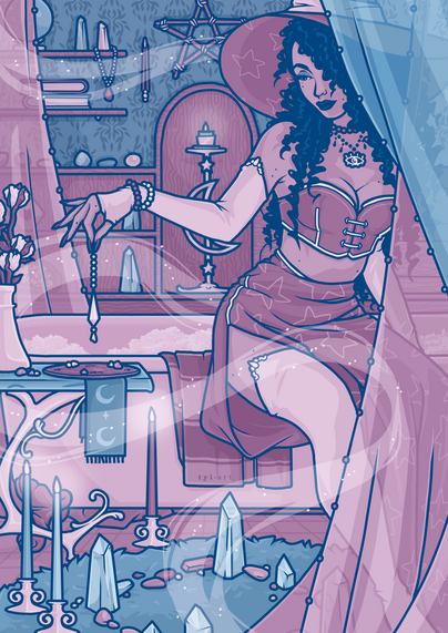 Drawing of a female witch sitting on a bathtub and using her pendulum board on the side table.
