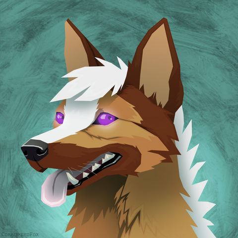 A headshot of a German shepherd dog with purple eyes. He's panting with a smile. Digitally drawn.