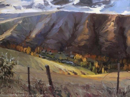 Art print of an original oil painting by Steve Henderson depicting a country landscape with a fence running through it.