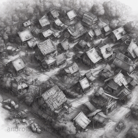 An image generated by Stable Diffusion, with the prompt "Pencil drawing of a small village, cyberpunk, overhead view, aerial view, trending on artstation"