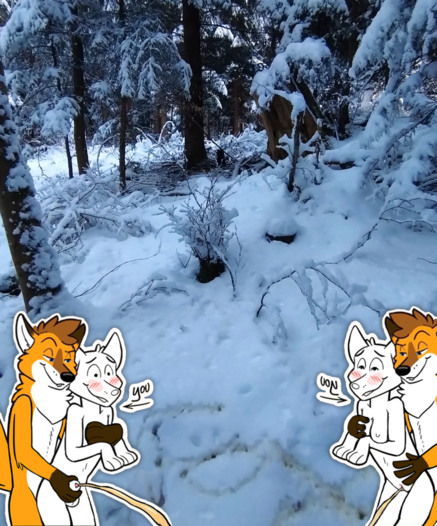 A picture of a snowy forest, where someone peed the word "Fox" into the snow. Two stickers have been added to the bottom corners of the image, each having foxbrush holding a character from behind and lending them a paw while they are peeing