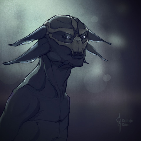 A digital drawing of an alien creature in front of a light source. The alien's face and body is shrouded in darkness, only the head, "ears" and shoulders show a rim-light. Noteworthy are the eyes which glow in the shadows of the face.