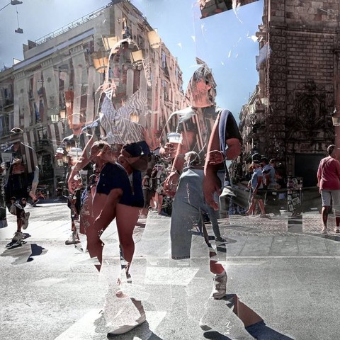 Barcelona street photography multiple exposure photo manipulation people in the street image made with a smartphone + The GNU Image Manipulation Program!