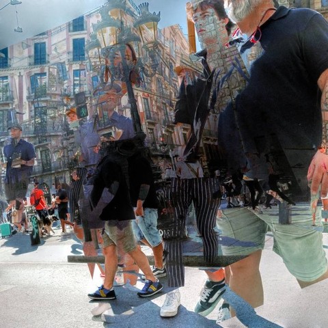 Barcelona street photography multiple exposure photo manipulation people in the street image made with a smartphone + The GNU Image Manipulation Program!