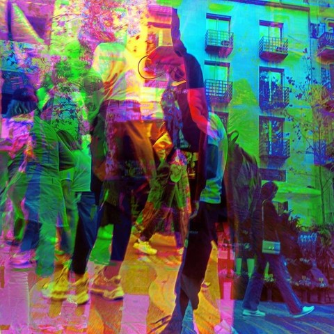 Barcelona RGB color separated digital people in the street photography multiple exposure photo manipulation image made with a smartphone + The GNU Image Manipulation Program!