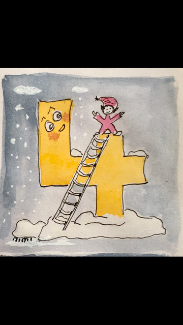 Aquarell Ink. Eine große gelbe Vier, steckt im Schnee. Am vertikalen Balken lehnt eine Leiter. Oben auf diesem Balken steht ein Wichtel, der freudig beide Arme hochsteckt. Im Hintergrund blauer Himmel und Wolken, aus denen es schneit.