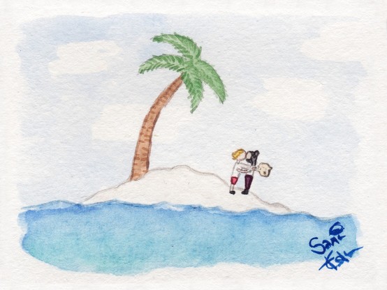 A watercolour sketch of Stede and Ed from Our Flag Means Death embracing with a kiss on a tiny deserted island. Stede is holding a treasure map, and it looks like he's found the loveliest treasure of all.