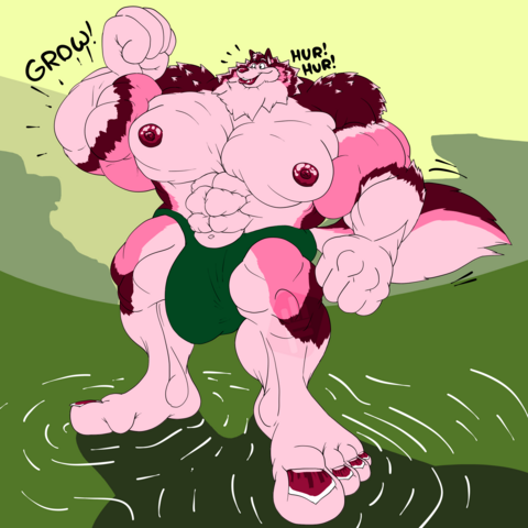 Yanbara, drawn in a Warner Brothers' art style flexes his muscles, uttering a hearty chuckle as his muscles grow to extreme proportions. His feet become massive with his pecs and biceps becoming engorged as the ground trembles beneath him and his tail wags in the wind.

"HUR HUR"
