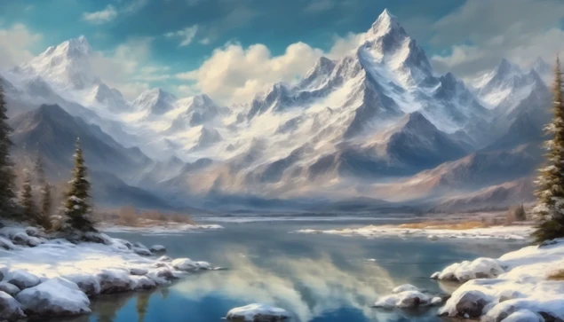 An AI generated painting of a Snowcapped mountain peaks with a pond and a cloudy sky.